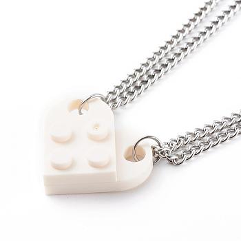 Resin Building Blocks Pendant Necklaces Sets, Couple Necklaces, with 304 Stainless Steel Lobster Claw Clasps, Half Oval, White, 17.51 inch(44.5cm), 2pcs/set