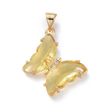 Brass Micro Pave Clear Cubic Zirconia Pendants, with Glass, Butterfly, Golden, Pale Goldenrod, 24x21.5x4mm