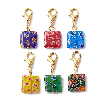 Glass Pendant Decorations, with Zinc Alloy Lobster Claw Clasps, Square, Mixed Color, 29mm