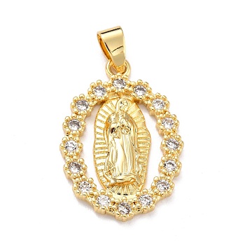 Brass Micro Pave Clear Cubic Zirconia Pendants, Oval with Virgin Mary, Real 18K Gold Plated, 28.5x20x2.5mm, Hole: 6.5x3.5mm