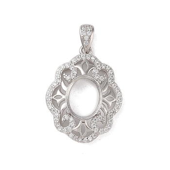 925 Sterling Silver Micro Pave Cubic Zirconia Pendant Settings, Open Back Settings, Real Platinum Plated, Tray: 10x8mm, 23x17x6mm, Hole: 4x2mm