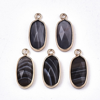 Natural Botswana Agate Pendants, with Light Gold Plated Brass Edge and Loop, Oval, Faceted, 18x8x4mm, Hole: 1.6mm