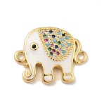Brass Micro Pave Colorful Cubic Zirconia Connector Charms, with White Enamel, Cadmium Free & Lead Free, Long-Lasting Plated, Elephant, Real 18K Gold Plated, 15x19x3mm, Hole: 1.6mm(X-KK-B059-05G-01)