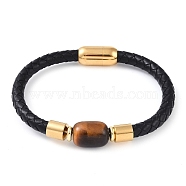 Column Natural Tiger Eye Bead Leather Cord Bracelets, with Ion Plating(IP) 304 Stainless Steel Magnetic Clasps, for Men Women, Golden, 8-3/8 inch(21.2cm), 6~10mm(BJEW-A009-03G)