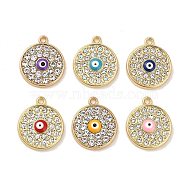 Golden Plated Alloy Enamel Pendants, with Rhinestone, Long-Lasting Plated, Flat Round with Evil Eye Charm, Mixed Color, 18x15x3mm, Hole: 1.5mm(ENAM-K069-41G)
