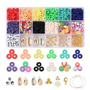 DIY Polymer Clay Beads Jewelry Set Making Kit, Including Disc/Flat Round & Fruit Theme Polymer Clay Beads, Shell Pendants, Brass Hoop Earrings, CCB Plastic Beads, 304 Stainless Steel Rings, Alloy Clasps and Elastic Thread, Mixed Color, Polymer Clay Beads: about 70g/set(DIY-FS0002-12)