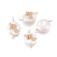 Natural Pearl Links connectors, with Brass Micro Pave Cubic Zirconia Findings, Flat Round with Constellation, Golden, Clear, Scorpio, 20~26x9~17x5~11mm, Hole: 1.6mm(PEAR-F012-12G-E)