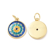 Flat Round Brass Micro Pave Cubic Zirconia Charms, with Jump Rings and Enamel, Cadmium Free & Nickel Free & Lead Free, Real 18K Gold Plated, Blue, 14x12x2mm, Hole: 3.4mm(KK-G435-33G-01)