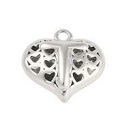 Hollow Brass Pendants for Valentine's Day, Heart with Letter, Real Platinum Plated, Letter T, 25x26x13mm, Hole: 2.5mm(KK-M289-03T-P)