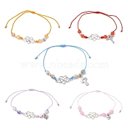 Natural Dyed White Jade Braided Bead Bracelets, Adjustable Heart Alloy Link Bracelets for Women, Mixed Color, Inner Diameter: 3/4~3-3/8 inch(8.5cm)(BJEW-JB09823)
