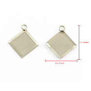 Stainless Steel Pendant Cabochon Settings, Plain Edge Bezel Cups, Rhombus, Stainless Steel Color, Tray Side Length: 9.5mm, Diagonal Length: 12mm, 17~18x14~15x1mm, Hole: 2mm(STAS-Q168-12)