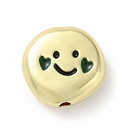 Alloy Enamel Beads, Flat Round with Smiling Face Pattern Beads, Golden, Dark Green, 12x12x4mm, Hole: 1.5mm(FIND-G072-02G-02)