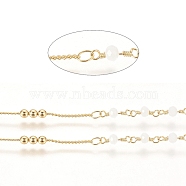 Brass Handmade Beaded Chain, Curb Chains, with Faceted Glass Bead, Long-Lasting Plated, Real 18K Gold Plated, Unwelded, with Spool, White, 10x3mm, 45x2.8mm, about 32.8 Feet(10m)/roll(CHC-G011-10G-02)