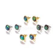 Brass Stud Earring Findings, with Loop, Faceted Synthetic Ammolite, Flat Round, Mixed Color, 13.5~14x10mm, Hole: 1.4mm, pin: 0.7mm(MAK-F028-01)