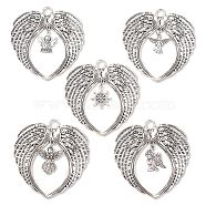 5Pcs 5 Styles Tibetan Style Alloy Big Pendants, Wing Charms, Antique Silver, 63x69x4mm, Hole: 6mm, 1pc/style(HJEW-JM02331)