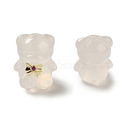 Natural White Chalcedony Beads, Bear with Golden Tone Brass Bowknot, 14.5x12x11mm, Hole: 1.2mm(G-B100-03)