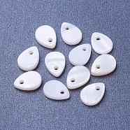 Natural White Shell Mother of Pearl Shell Charms, teardrop, 8~9x6~7x1.5mm, Hole: 1mm(BSHE-L036-01)