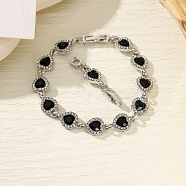 Alloy Link Bracelets for Women, Heart, with Rhinestone, Jet, 7-1/8 inch(18cm)(PW-WG00AB7-03)