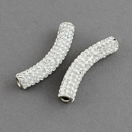 Polymer Clay Grade A Rhinestone Curved Tube Beads, Curved Tube Noodle Beads, with Double Brass Platinum Color Core, Crystal, 46x9mm, Hole: 3.5mm(X-RB-S026)