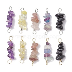 10Pcs 5 Styles Constellation Natural Strawberry Quartz & Amethyst & Obsidian & Fluorite & Rose Quartz Copper Wire Wrapped Chip Beaded Connector Charms, Platinum & Golden, Pisces, 29~33x7.5~11x7.5~11mm, Hole: 2.5~3mm, 2pcs/style(PALLOY-JF02905-02)