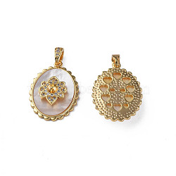 Brass Micro Pave Clear Cubic Zirconia Pendants, with  Natural Shell, Real 18K Gold Plated, Nickel Free, Oval with Flower, Creamy White, 23x17x5mm, Hole: 2.5x4mm(KK-N233-387)