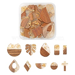 20Pcs 10 Style Resin & Walnut Wood Pendants, with Foil, Waxed, Mixed Color, 14~36x9~37x3~4mm, Hole: 1.8~2mm, 2pcs/style(RESI-LS0001-22)