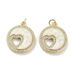 Brass Micro Pave Clear Cubic Zirconia Pendants, with Synthetic Opal and Jump Rings, Real 18K Gold Plated, Flat Round with Heart Charms, White, 21.5x18.5x3mm, Hole: 3mm(KK-L213-030G)