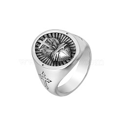 304 Stainless Steel Finger Rings, Oval with Sacred Heart & Cross, Stainless Steel Color, US Size 11(20.6mm)(FS-WGFCA3B-05)