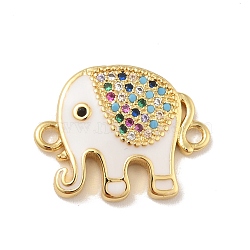 Brass Micro Pave Colorful Cubic Zirconia Connector Charms, with White Enamel, Cadmium Free & Lead Free, Long-Lasting Plated, Elephant, Real 18K Gold Plated, 15x19x3mm, Hole: 1.6mm(X-KK-B059-05G-01)