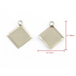 Stainless Steel Pendant Cabochon Settings, Plain Edge Bezel Cups, Rhombus, Stainless Steel Color, Tray Side Length: 9.5mm, Diagonal Length: 12mm, 17~18x14~15x1mm, Hole: 2mm(STAS-Q168-12)
