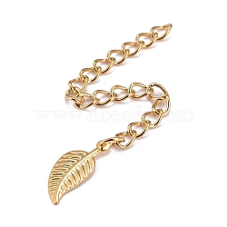 304 Stainless Steel Chain Extender, Curb Chain, with 202 Stainless Steel Charms, Leaf, Golden, 67mm, Link: 3.7x3x0.5mm, Leaf: 14x6x0.4mm(STAS-F268-38G)