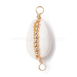 Natural Shell Copper Wire Wrapped Connector Charms, with Brass Beads, Golden, 32x13x9mm, Hole: 2.8~3mm(PALLOY-JF02316-03)