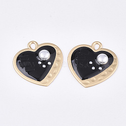 Epoxy Resin Pendants, with ABS Plastic Imitation Pearl and Glass, Alloy Findings and Enamel, Heart, Matte Gold Color, Black, 35x33.5x5.5mm, Hole: 3x4.5mm(X-RESI-S365-69A)