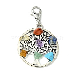 Tibetan Style Alloy Pendant Decorations, with Natural Chakra Mixed Gemstone Chips and Lobster Claw Clasps, Flat Round with Tree of Life, 55mm(HJEW-JM01537-01)