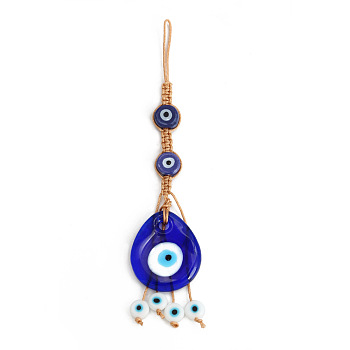 Teardrop with Evil Eye Glass Pendant Decorations, Polyester Braided Hanging Ornament, Royal Blue, 140mm