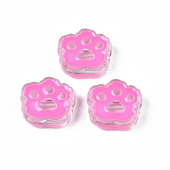 Transparent Acrylic Beads, with Enamel, Cat Paw Print, Hot Pink, 22x25x8.5mm, Hole: 3mm