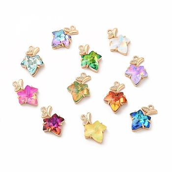 Brass with K9 Glass Charms, Golden Maple Leaf Charms, Mixed Color, 20.5x13.5x5.5mm, Hole: 1.8mm