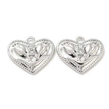 Brass Micro Pave Cubic Zirconia Charms, Heart, Real Platinum Plated, 11x13x2.5mm, Hole: 1.4mm