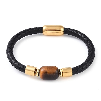 Column Natural Tiger Eye Bead Leather Cord Bracelets, with Ion Plating(IP) 304 Stainless Steel Magnetic Clasps, for Men Women, Golden, 8-3/8 inch(21.2cm), 6~10mm