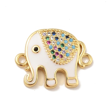 Brass Micro Pave Colorful Cubic Zirconia Connector Charms, with White Enamel, Cadmium Free & Lead Free, Long-Lasting Plated, Elephant, Real 18K Gold Plated, 15x19x3mm, Hole: 1.6mm