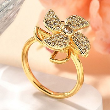 Flower Rotatable Finger Ring for Women, Brass Micro Pave Clear Cubic Zirconia Fidget Spinner Rings, Real 18K Gold Plated, 15.5x16mm, Inner Diameter: 17mm