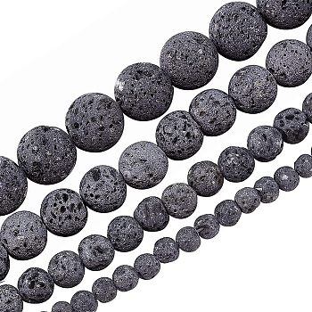 4 Strands 4 Style Unwaxed Natural Lava Rock Bead Strands, Round, Black, 4mm/6mm/8mm/10mm, Hole: 1~1.5mm, 1strand/style