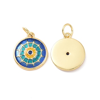 Flat Round Brass Micro Pave Cubic Zirconia Charms, with Jump Rings and Enamel, Cadmium Free & Nickel Free & Lead Free, Real 18K Gold Plated, Blue, 14x12x2mm, Hole: 3.4mm