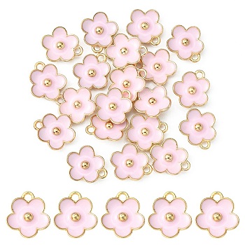 Light Gold Plated Alloy Enamel Pendants, Flower Charm, Pearl Pink, 13x11.5x3mm, Hole: 1.6mm