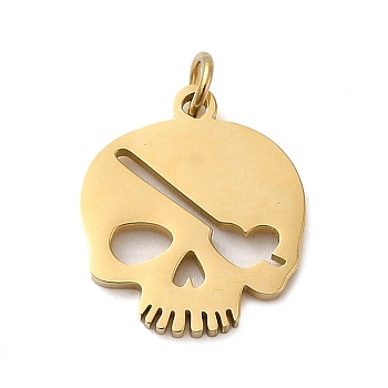 Halloween 304 Stainless Steel Charms, with Jump Ring, Skull Charm, Real 14K Gold Plated, 11.4x9.8x0.9mm, Hole: 1.7mm