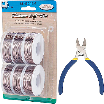 BENECREAT Round Aluminum Wire, with Iron Side Cutting Pliers, Coconut Brown, 20 Gauge, 0.8mm, 36m/roll, 6 rolls