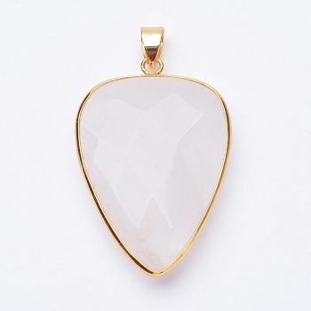Faceted Natural Quartz Crystal Pendants, Rock Crystal Pendants, with Golden Tone Brass Findings, Teardrop, 40x27x7~9mm, Hole: 4x5mm