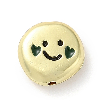 Alloy Enamel Beads, Flat Round with Smiling Face Pattern Beads, Golden, Dark Green, 12x12x4mm, Hole: 1.5mm