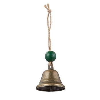 Iron Bell Pendant Decoration, Wood Beads and Jute Cord for Home Door Hanging Ornaments, Green, 120mm