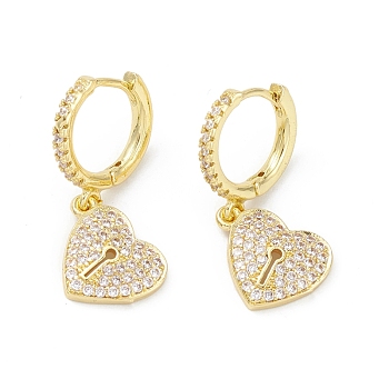 Heart Lock Rack Plating Brass Cubic Zirconia Hoop Earrings, Long-Lasting Plated Dangle Earrings for Women, Lead Free & Cadmium Free, Real 18K Gold Plated, 27.5mm, Pin: 0.8mm